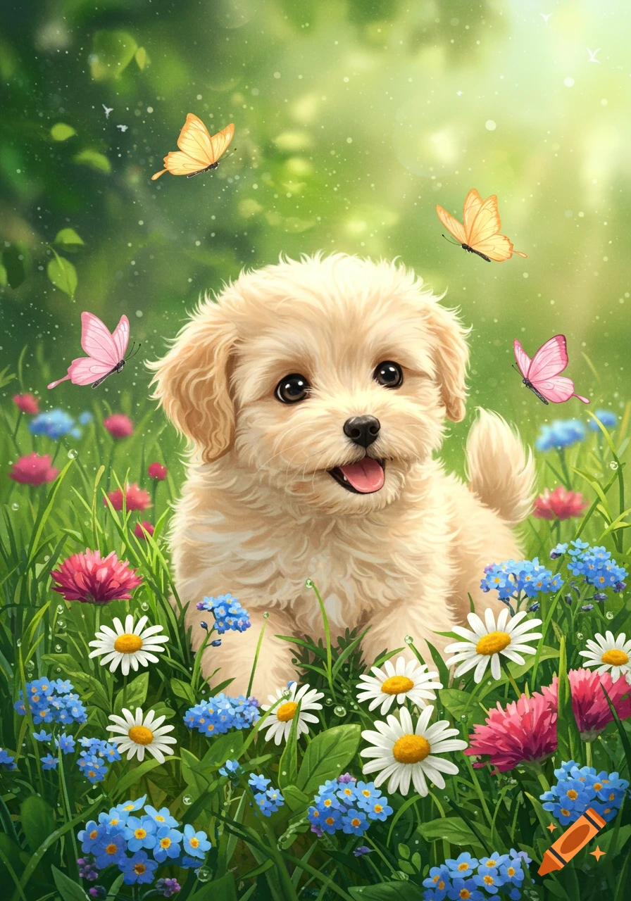 A fluffy light brown puppy sits smiling in a vibrant green meadow filled with colorful flowers and butterflies.