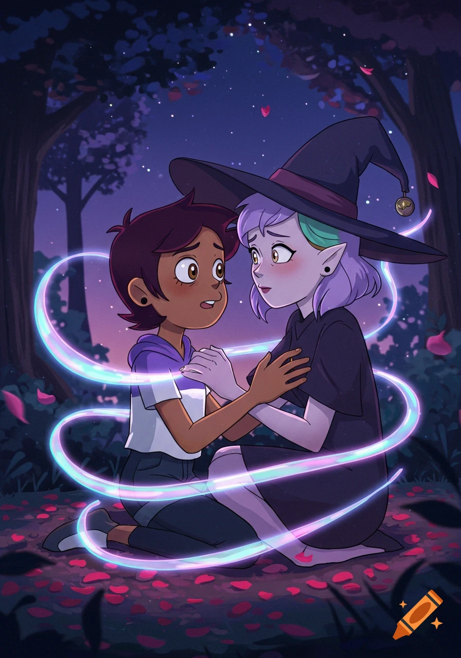 Two cartoon characters, Luz and Amity, embrace in a magical forest at night. Amity wears a witch hat, and glowing magical light swirls around them. Pink petals are scattered on the ground.