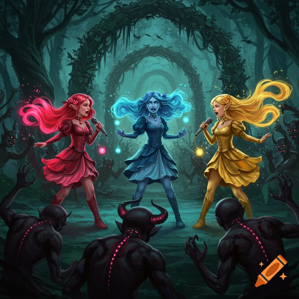 Three colorful elves sing to shadowy demons in a dark, enchanted forest.