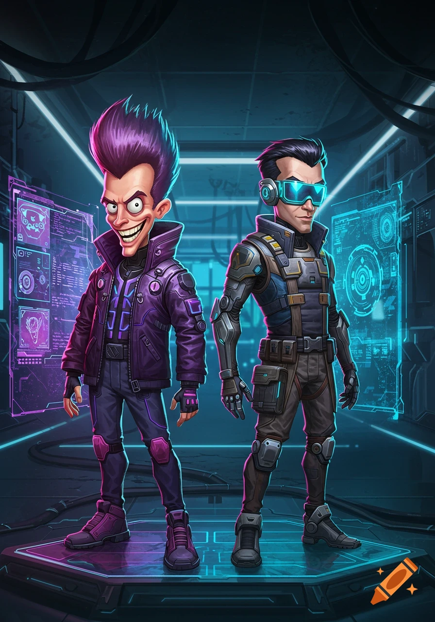 Two stylized male characters in futuristic armor stand on a glowing platform against a neon-lit cyberpunk background with holographic screens.