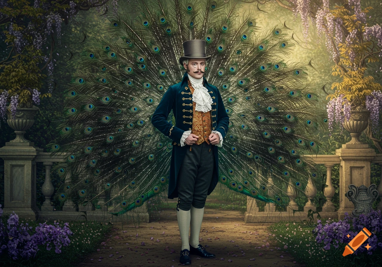 A man in a teal coat, gold vest, and top hat with a monacle stands in a garden, with a peacock's fanned tail behind him.