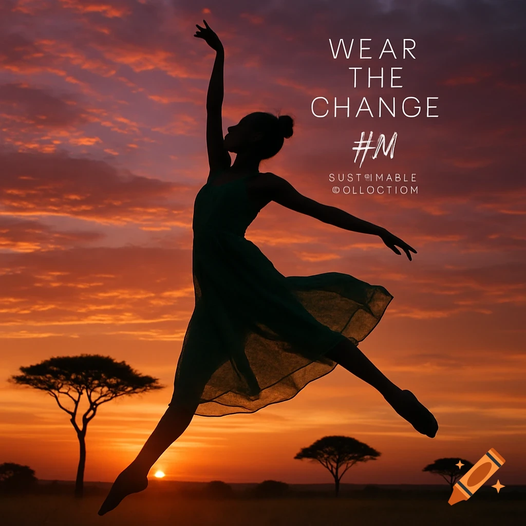 A dancer in silhouette leaps against a vibrant orange and purple sunset with scattered trees. Text reads 'WEAR THE CHANGE #M SUSTIMABLE OLLOCTION'.