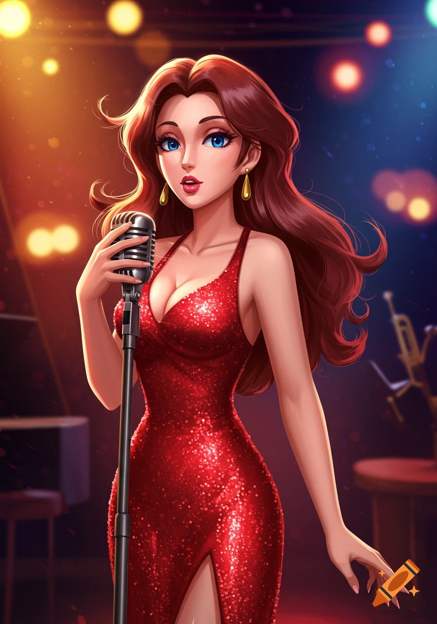 Anime-style woman with long brown hair in a sparkling red dress singing into a microphone on a stage.