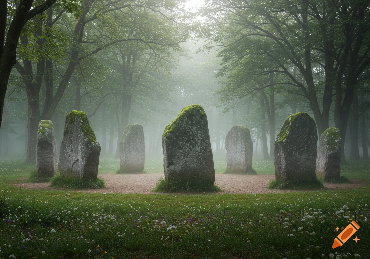 Misty forest scene with large, moss-covered standing stones arranged in a circle on a dirt path with wildflowers.