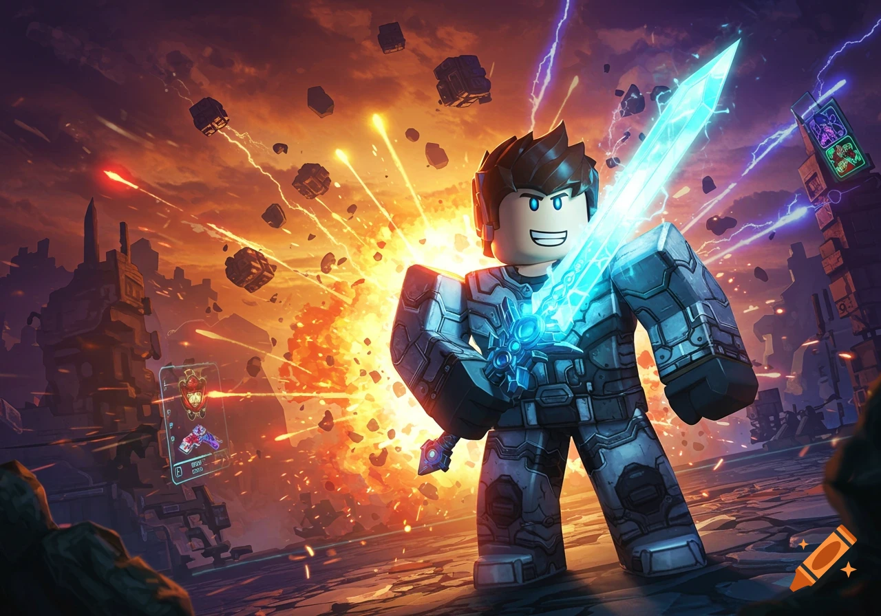 A Roblox character in armor holds a glowing blue sword amidst explosions and debris in an action-packed fantasy scene.