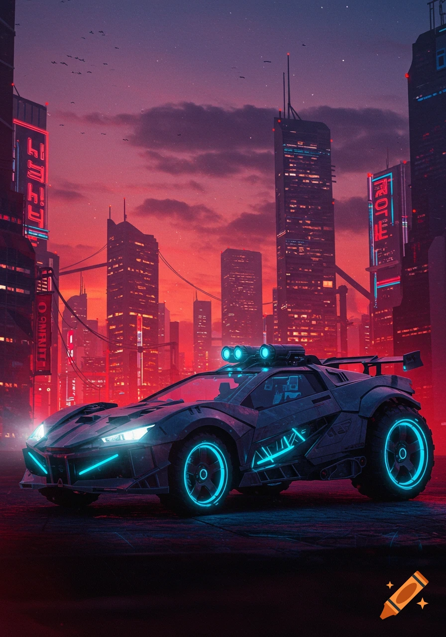 A sleek, dark futuristic car with glowing blue accents parked in a neon-lit cyberpunk city at sunset, digital art.