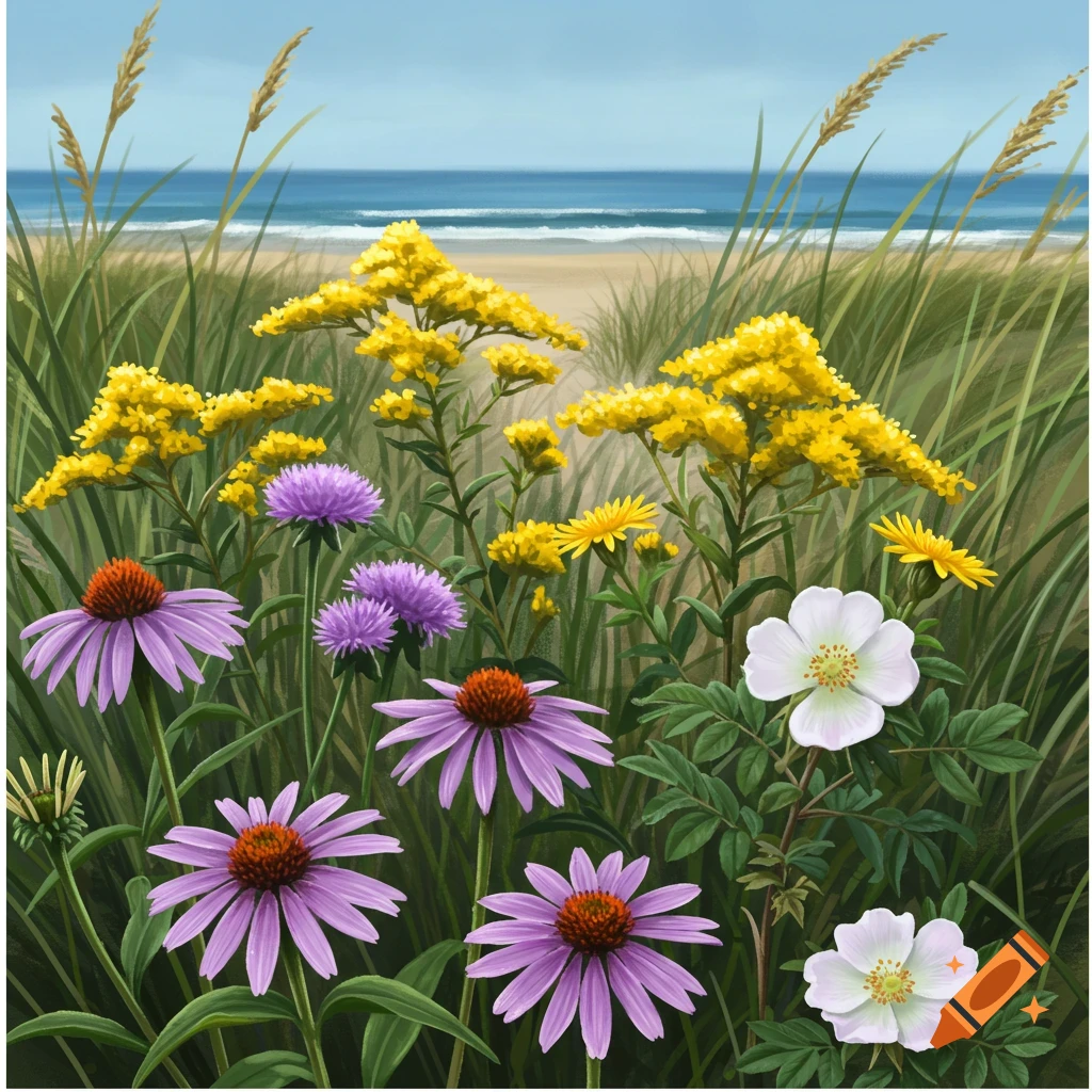 A vibrant illustration of purple coneflowers, yellow goldenrod, and white beach roses among tall grass, with a sandy beach and ocean visible in the background.