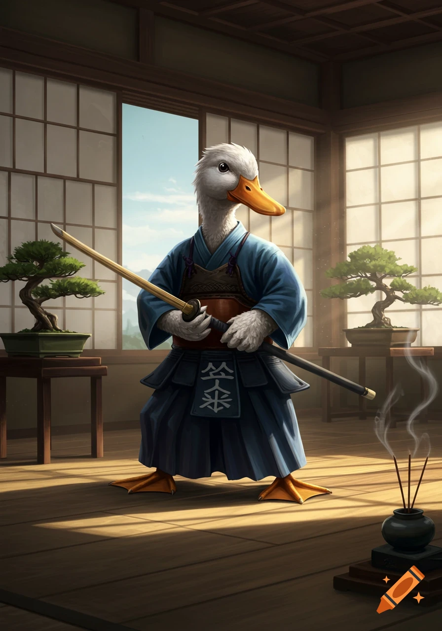 An anthropomorphic duck in a blue kendo uniform holds a katana in a traditional Japanese room with bonsai trees.