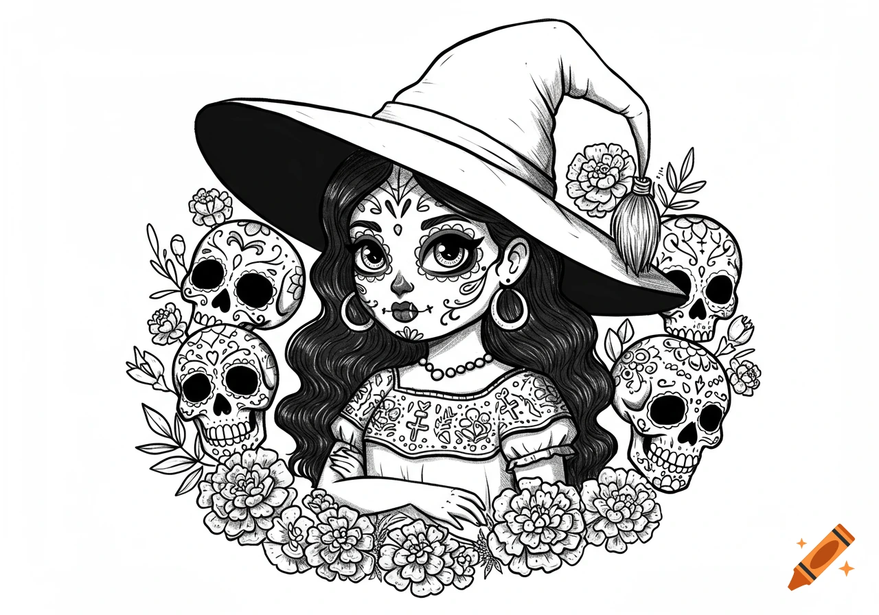 Cute black and white illustration of a witch with sugar skull face paint, surrounded by decorative skulls and marigold flowers.