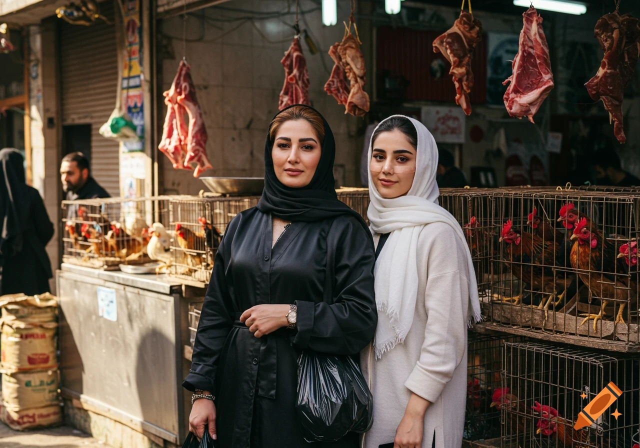 Two Iranian women, one in black and one in white, stand in a busy traditional market with hanging meat and chicken cages.