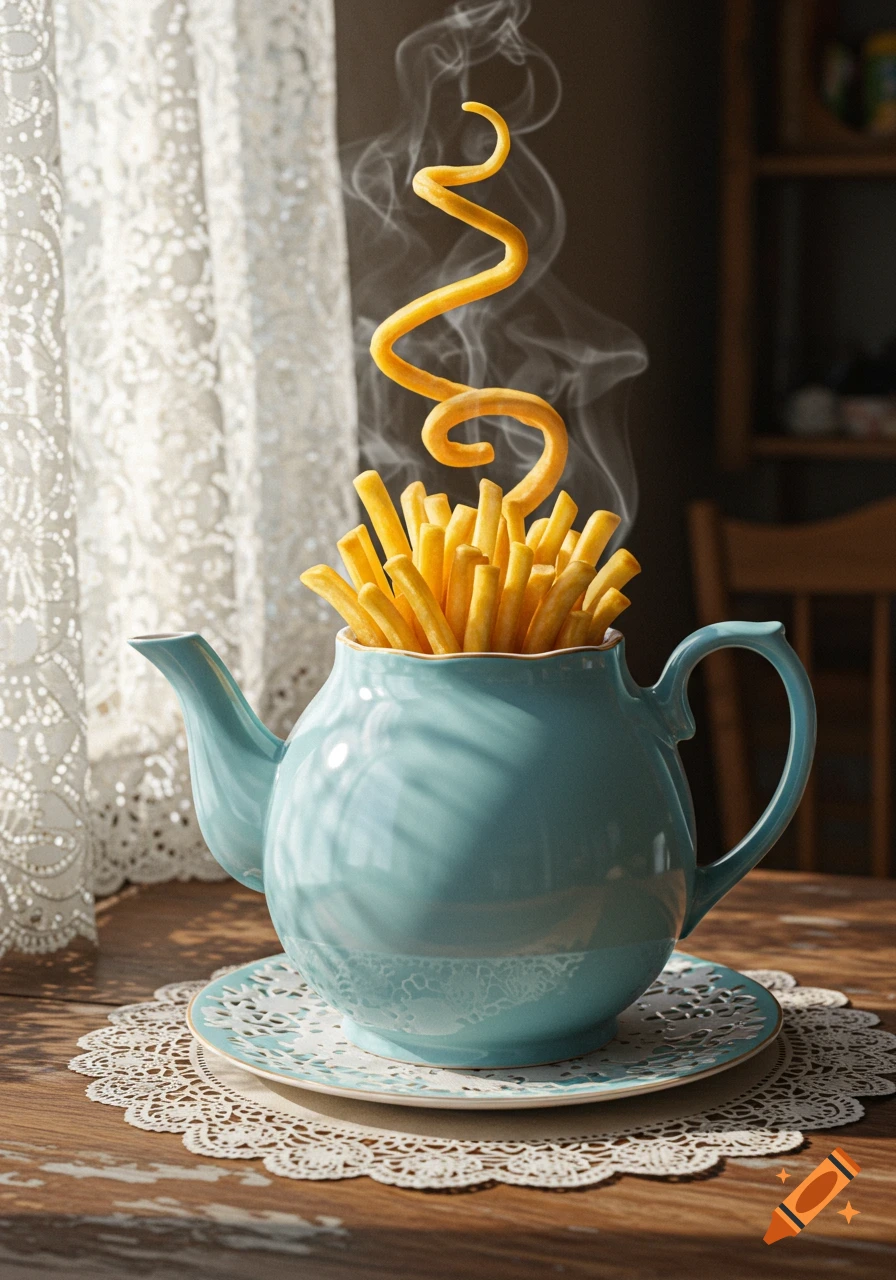 A turquoise teapot filled with french fries on a wooden table, with one fry spiraling upwards emitting smoke. Photorealistic.