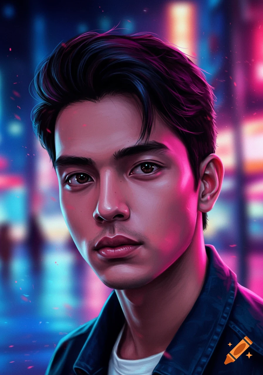 A digital art portrait of a young man with dark hair and brown eyes, illuminated by vibrant pink and blue neon lights.