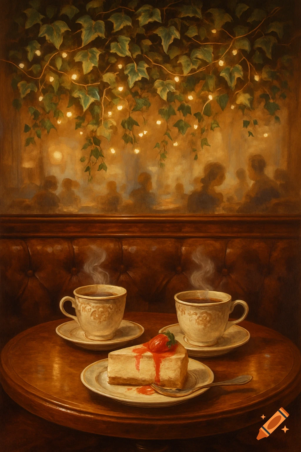 Painterly image of two steaming coffee cups and a slice of cheesecake on a table in a cozy, dimly lit cafe with ivy and string lights.