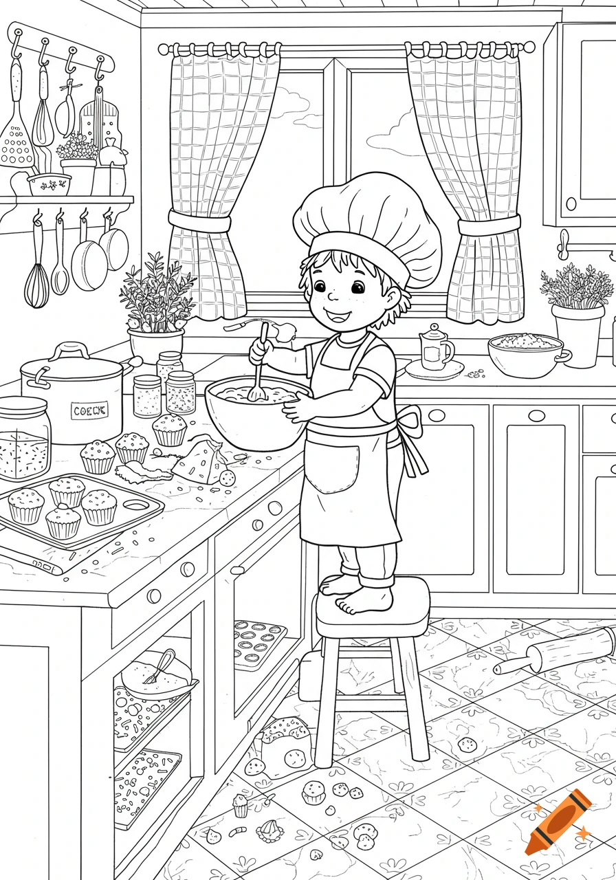 A line art coloring page depicts a happy child chef standing on a stool, stirring batter in a bowl in a kitchen filled with cooking utensils, muffins, and spilled ingredients on the floor.
