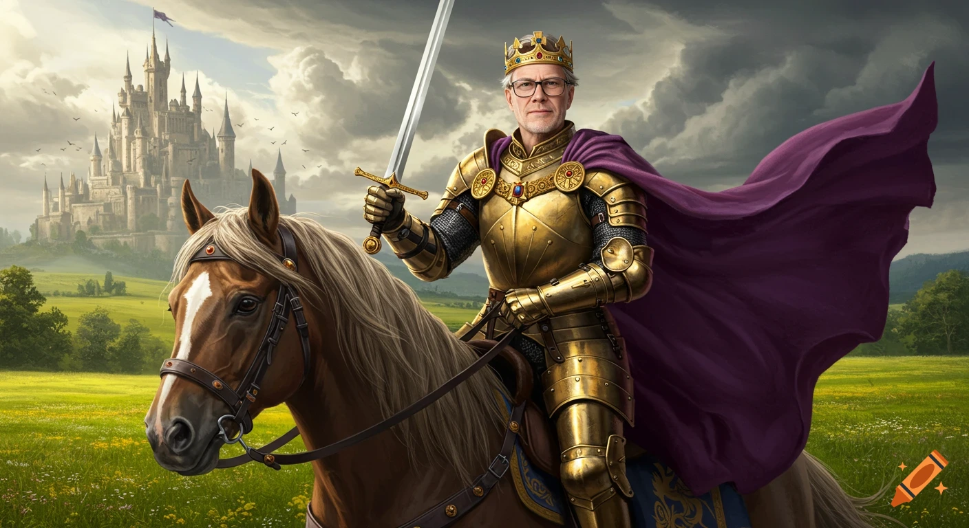 A man with glasses in golden armor and a purple cape, holding a sword, riding a brown horse in a green field with a distant castle and dramatic sky.