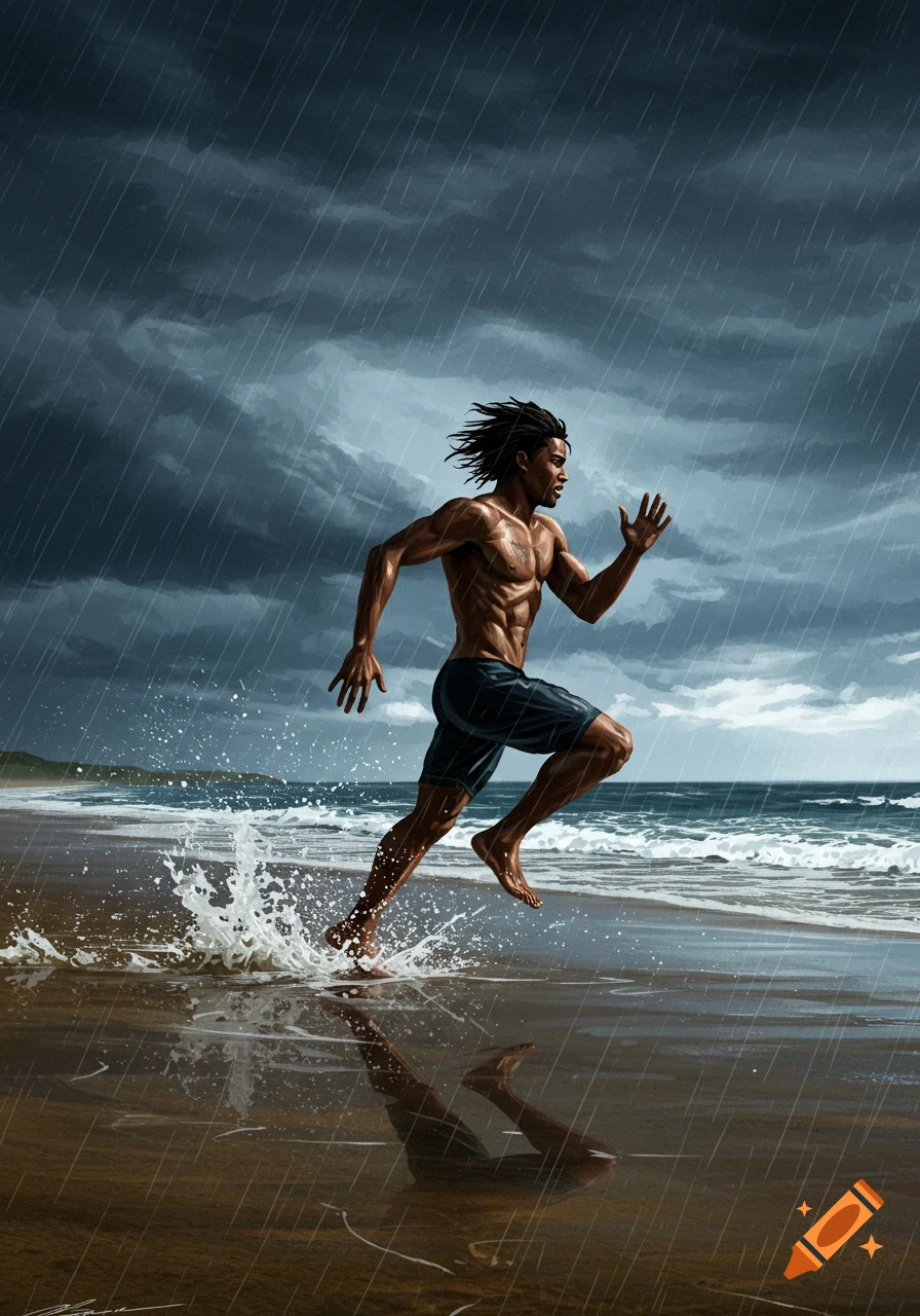 A man with dreadlocks running shirtless in shorts along a beach during a rainstorm, with water splashing.