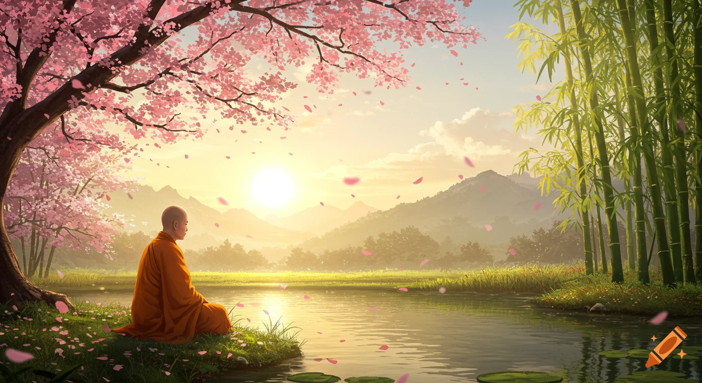 A monk meditates by a serene lake at sunrise, surrounded by blooming cherry blossoms and bamboo, with mountains in the background.