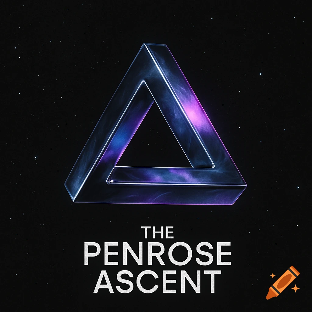 A futuristic Penrose triangle with purple and blue light on a starry space background, with the text 'THE PENROSE ASCENT' below.