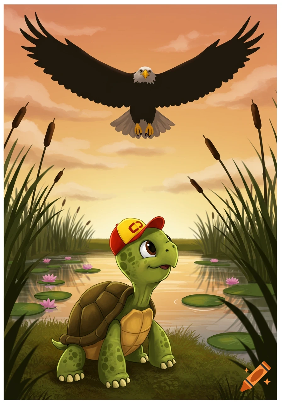 A cute cartoon baby turtle wearing a yellow and red cap looks up at a bald eagle flying above a pond with lily pads and cattails.