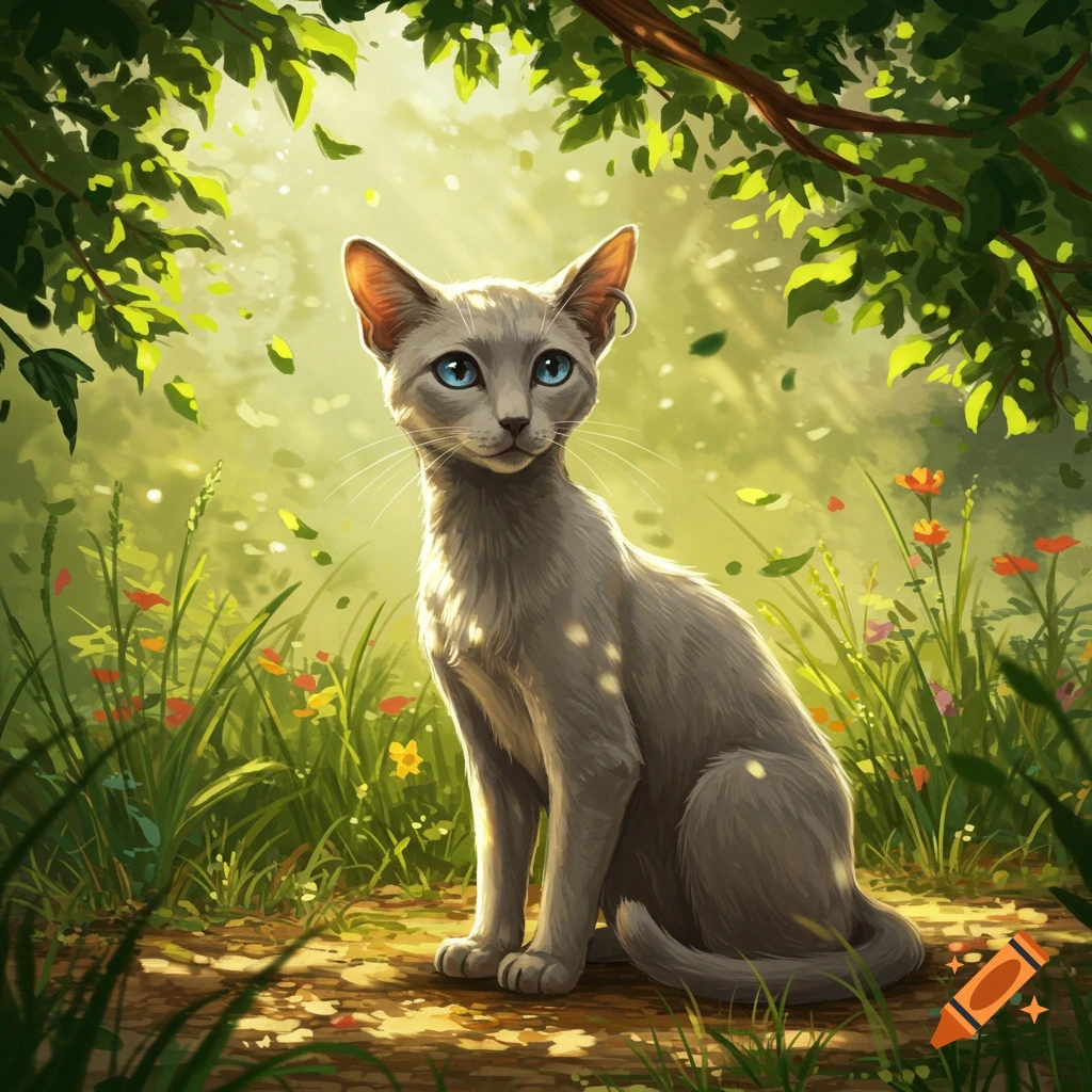 A gray cat with bright blue eyes sits on a sun-dappled forest floor surrounded by green foliage and wildflowers.