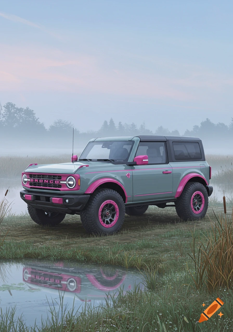 A grey Ford Bronco with pink trim parked next to a body of water in a misty marsh setting.