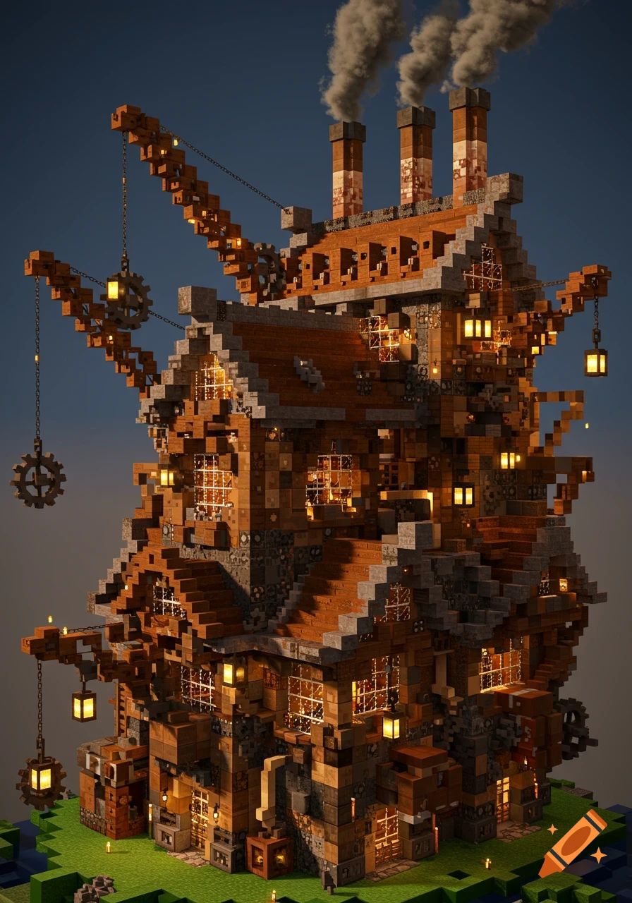 A detailed Minecraft-style steampunk house featuring cranes, gears, multiple smokestacks emitting smoke, and glowing windows.