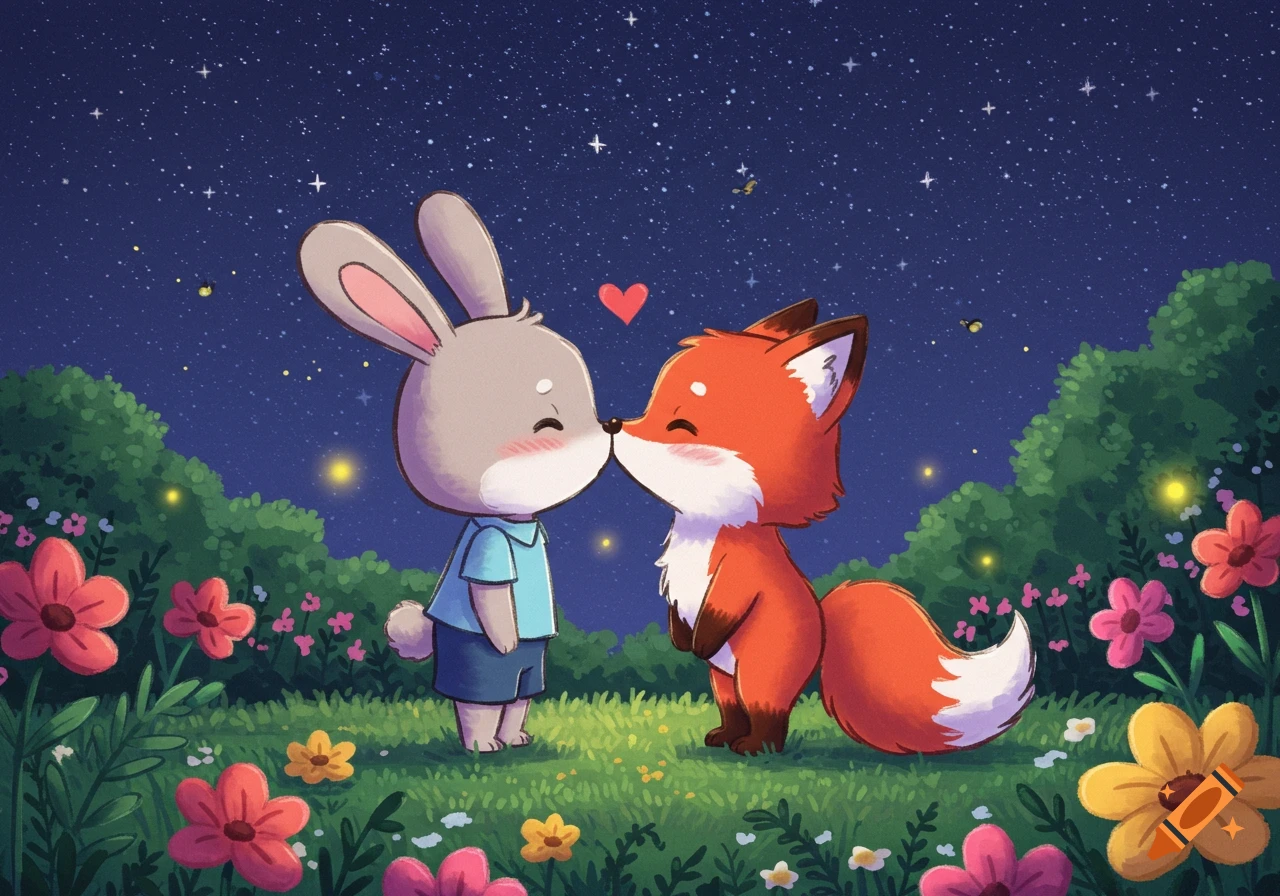 Cute cartoon rabbit and fox kissing in a field of flowers under a starry night.