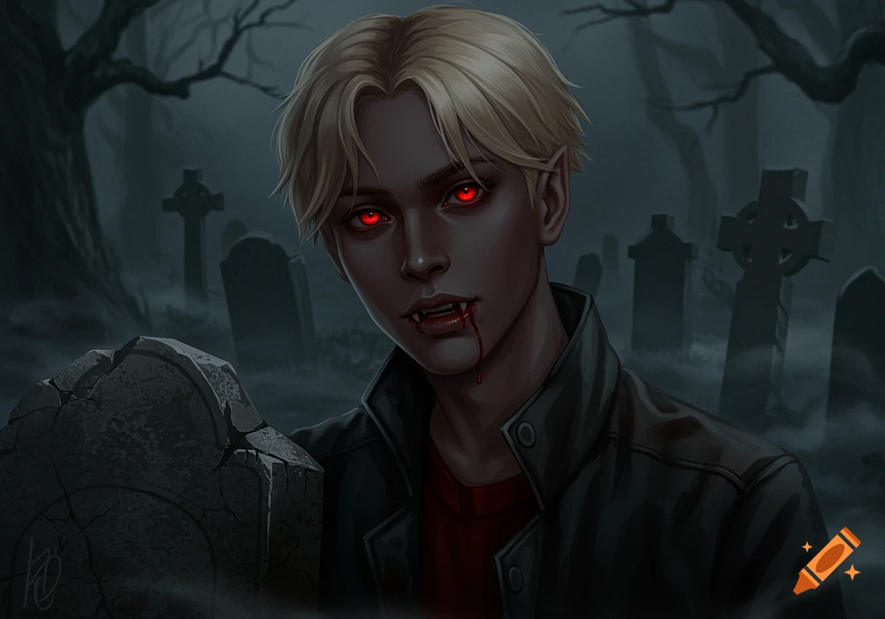 A blonde-haired vampire with red eyes and blood on his lip leans on a grave in a dark, misty graveyard, digital painting.