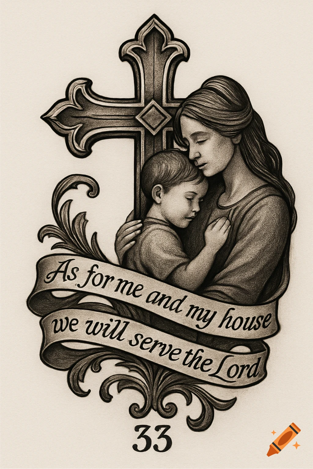 Monochrome graphite drawing of a mother embracing her child in front of a Catholic cross. A banner reads 'As for me and my house we will serve the Lord,' with '33' below.
