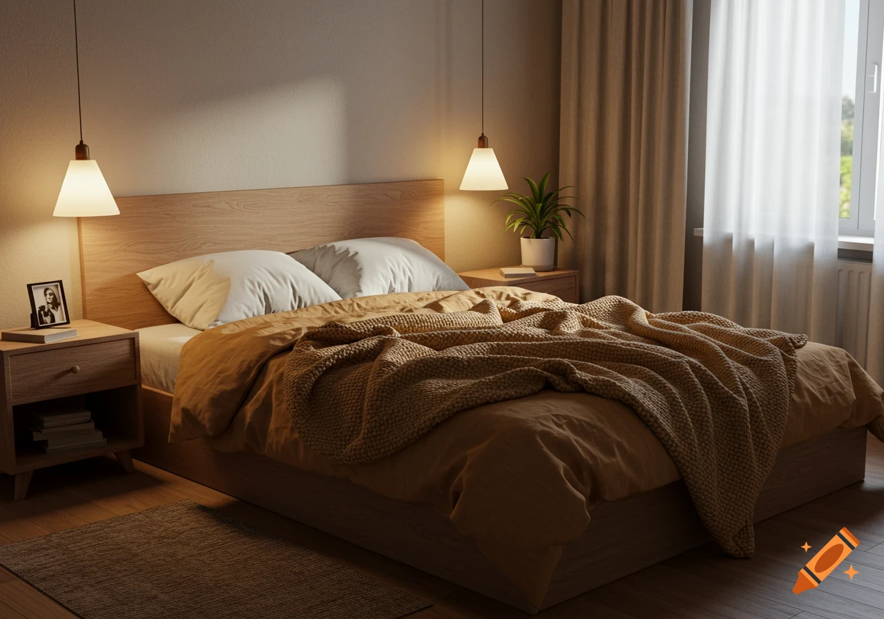 A cozy bedroom with a neatly made bed, wooden headboard, soft blankets, pendant lights, and a window with sheer curtains.