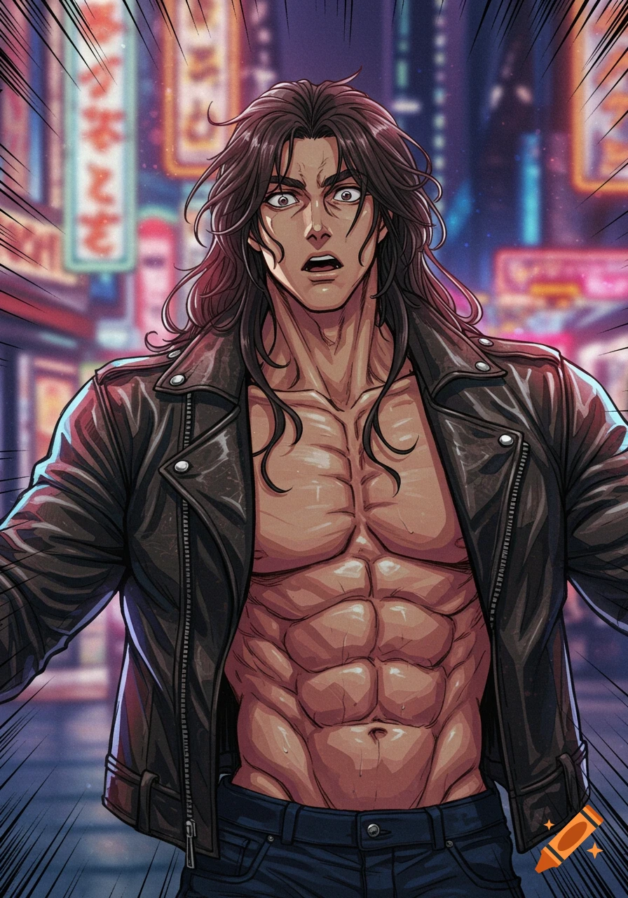 Anime-style illustration of a shocked, muscular man with long dark hair, wearing an open leather jacket, revealing his abs, against a blurry neon city background.