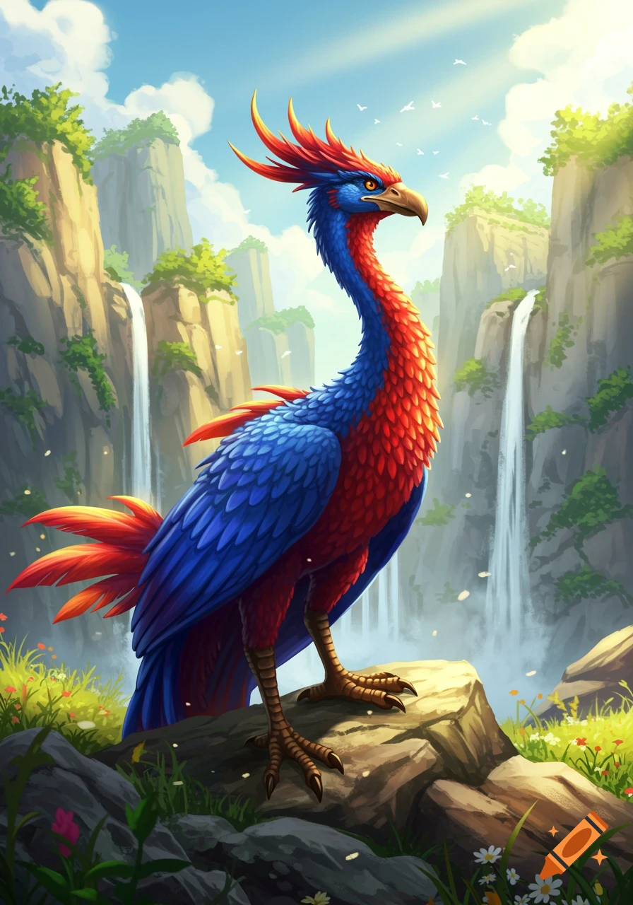 A vibrant, colorful fantasy bird with red and blue feathers stands on a rock in a lush mountainous landscape with waterfalls under a bright sky.