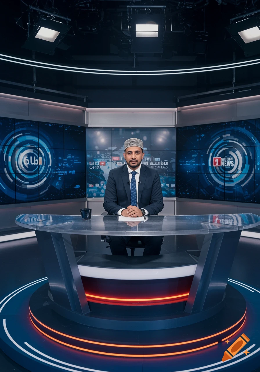 A Muslim male news anchor in a suit and kufi sits at a desk in a futuristic news studio with large screens in the background.
