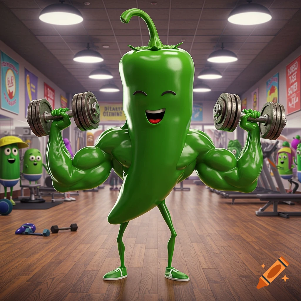 A muscular, smiling green jalapeno pepper character lifts dumbbells in a gym, with other vegetable characters in the background.
