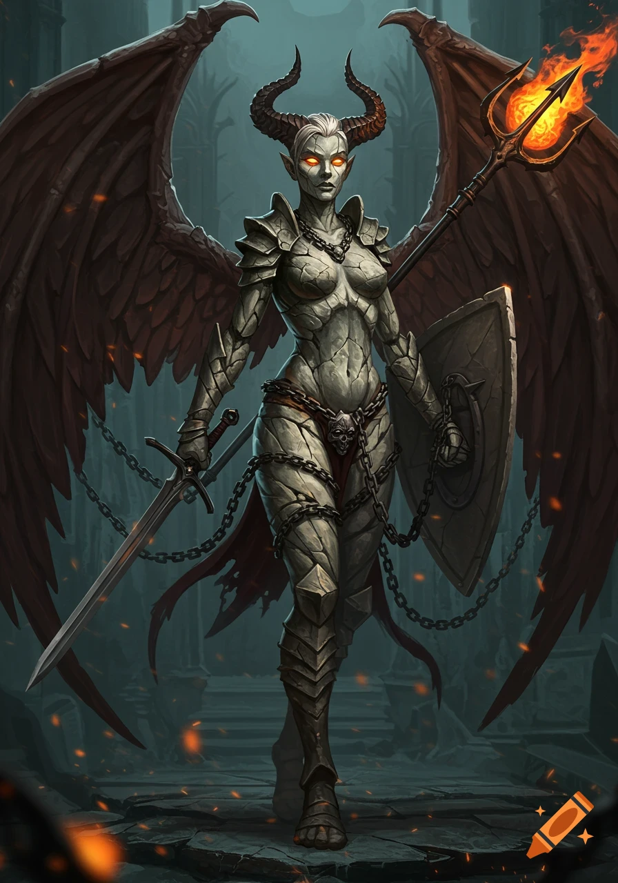 A powerful female stone gargoyle with large demonic wings, horns, and glowing eyes, wearing stone armor and chains, holding a sword and shield with a flaming trident in a dark fantasy setting.