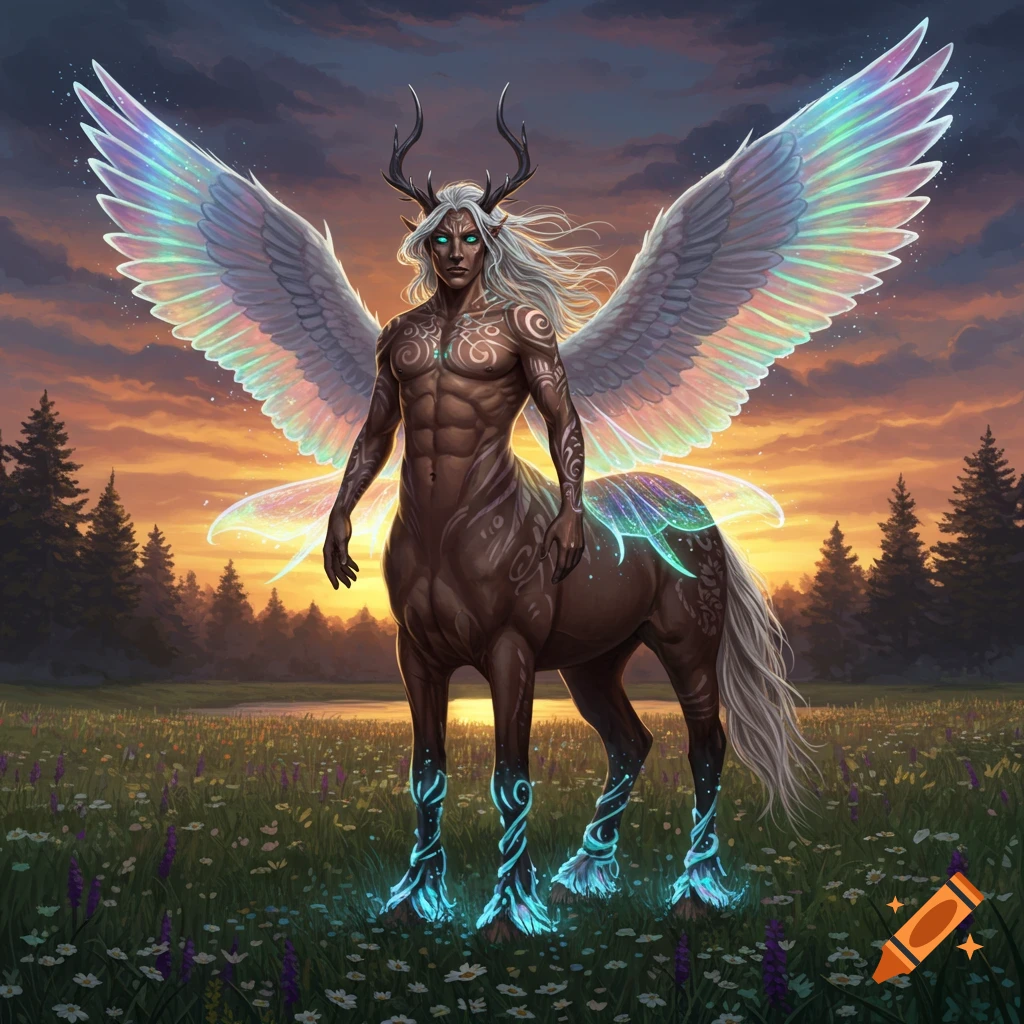 A male fantasy centaur with antlers, long white hair, and large iridescent wings stands in a wildflower field at sunset.