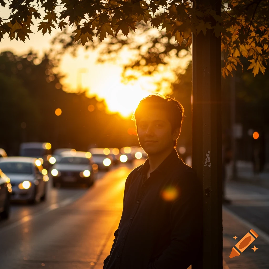 A young man leans against a pole on a street at sunset, with golden light illuminating the scene and cars in the blurry background.