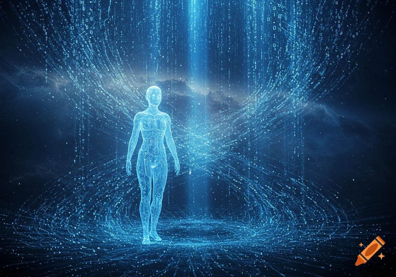 A glowing, wireframe human figure made of light and circuit-like lines stands amidst swirling binary code in a dark blue digital space.