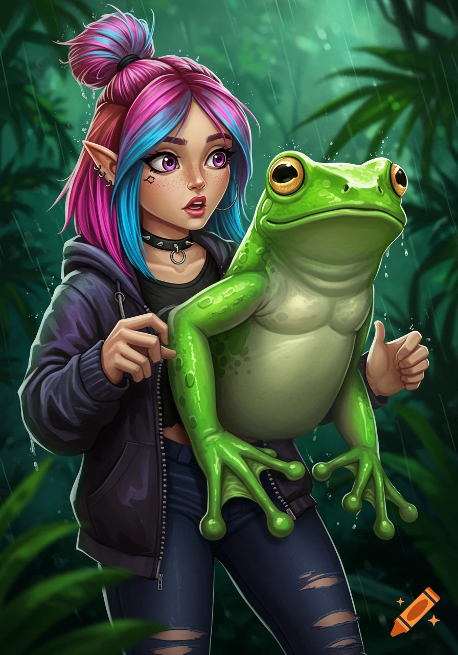 A stylized illustration of a girl with pink and blue hair holding a large green frog in the rain, set in a lush jungle.