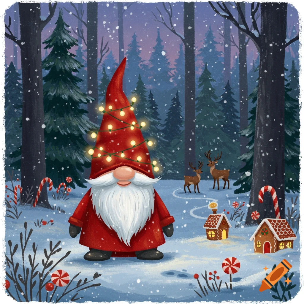 A festive Christmas gnome with a light-wrapped red hat and white beard stands in a snowy winter forest with gingerbread houses, candy canes, and deer.