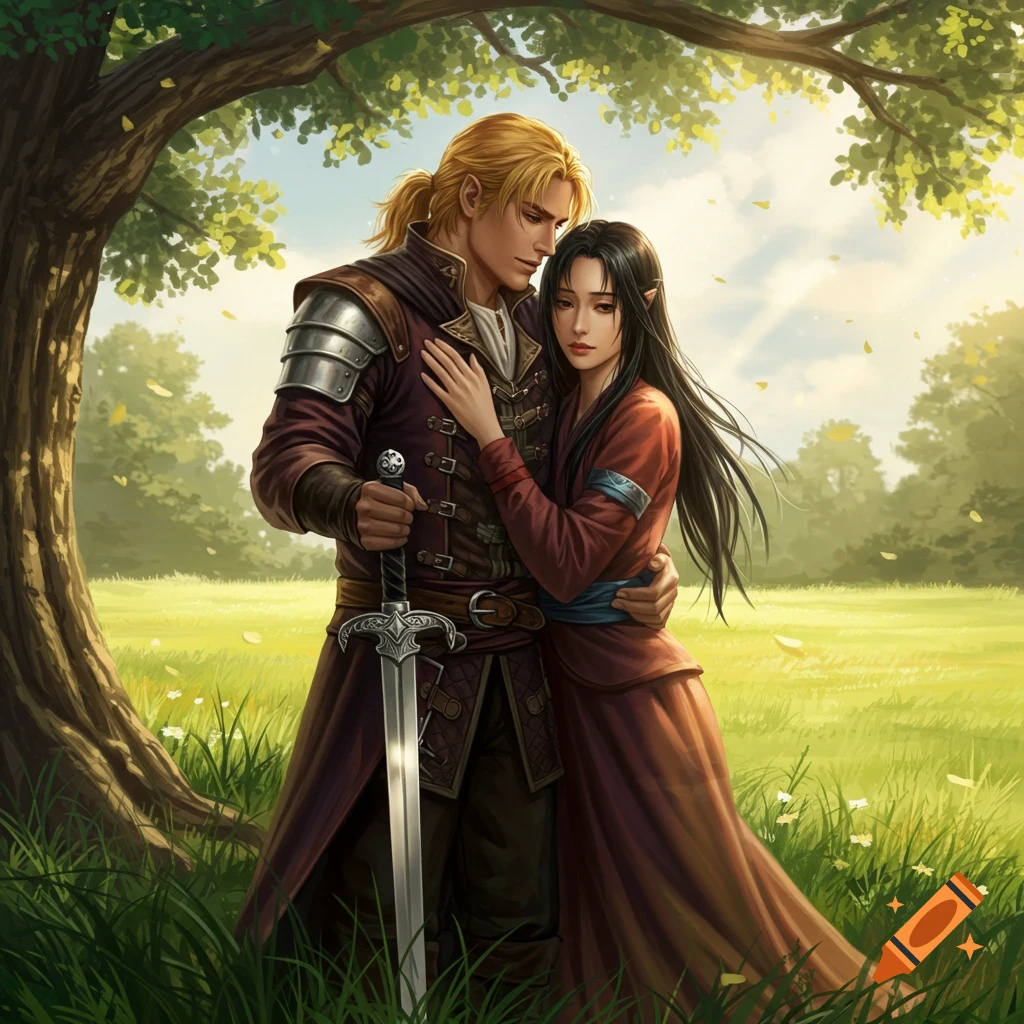 A golden-haired male sword master embraces a dark-haired female elf with an oval face under a tree in a sunlit field.