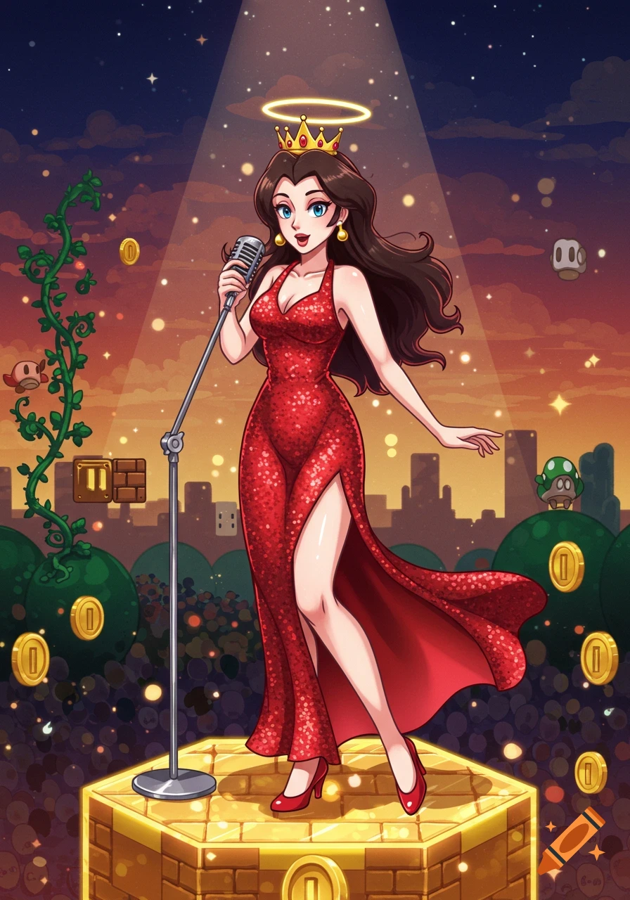 Anime-style illustration of Pauline from Mario, wearing a sparkling red dress with a high slit, singing into a microphone on a golden stage.