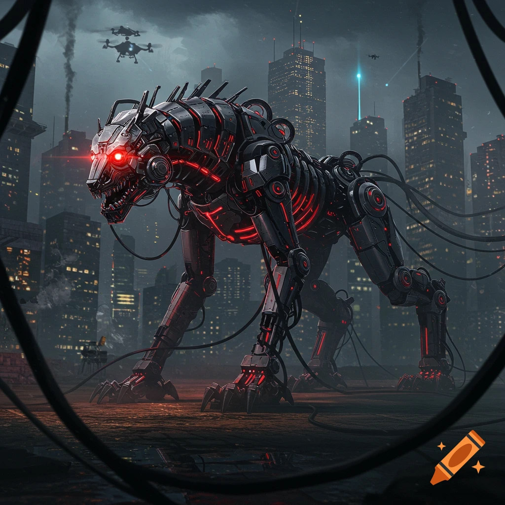 A menacing, black robotic creature with glowing red eyes stands in a dark, futuristic cityscape with tall buildings and flying drones.