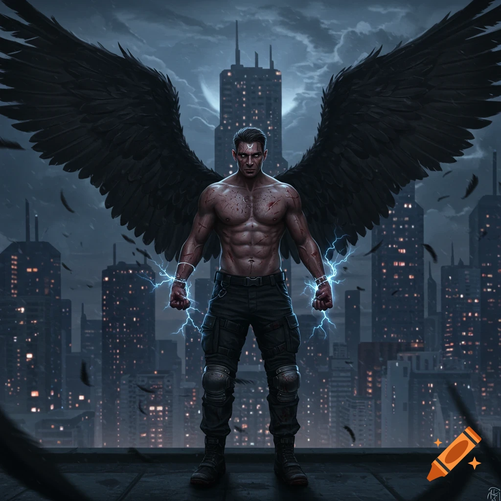 A powerful, muscular man with large black wings and lightning around his hands stands on a rooftop overlooking a dark, modern city at night.
