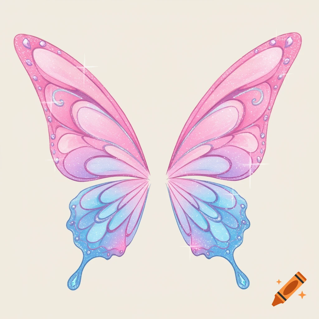 Sparkly pink and blue fairy wings with glitter accents on a light background.