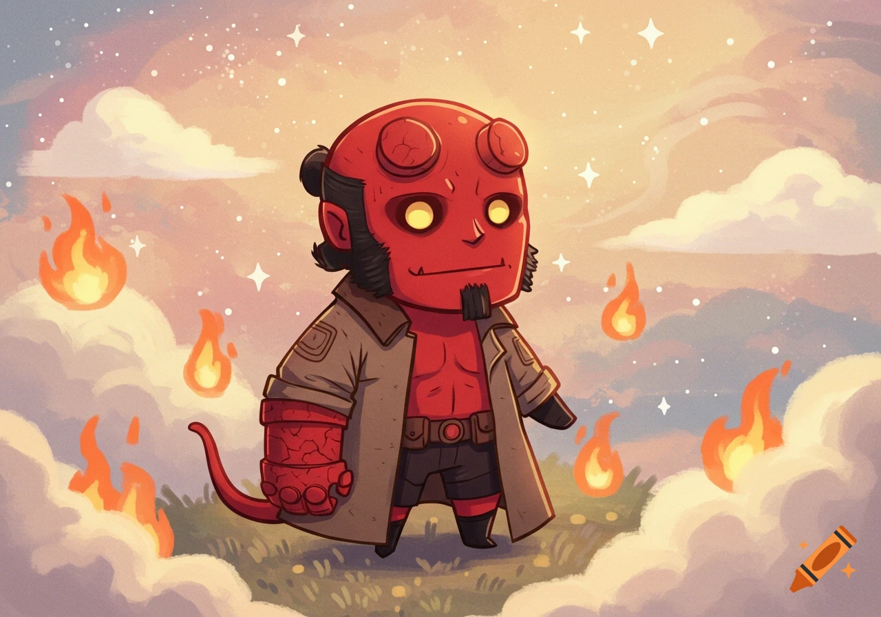 Chibi Hellboy standing on clouds among floating fires under a sunset sky in anime artstyle.