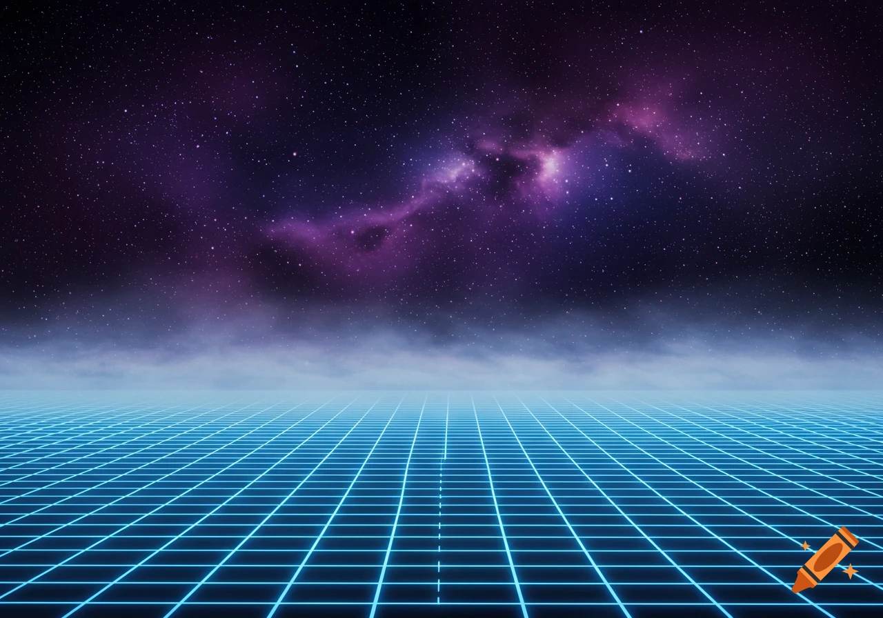 A vibrant blue neon grid stretches into the distance under a dark sky filled with purple nebulae and stars.