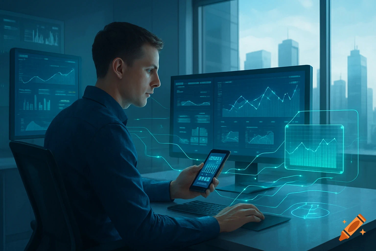 A photorealistic image of a man sitting at a desk in an office, looking at computer screens displaying data visualizations and holding a smartphone.
