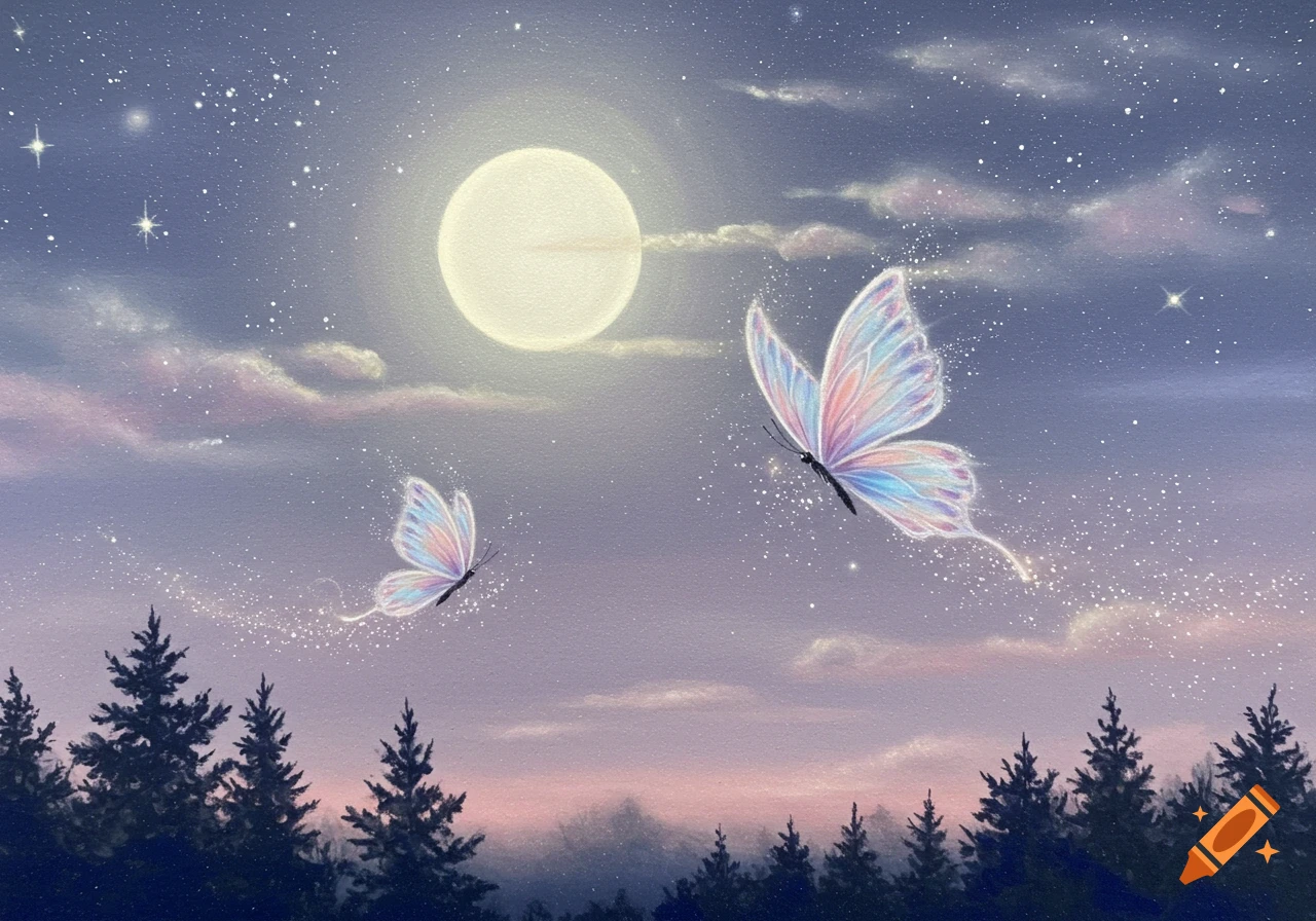 Two luminous butterflies fly under a large full moon in a starry, pastel twilight sky over dark evergreen trees.