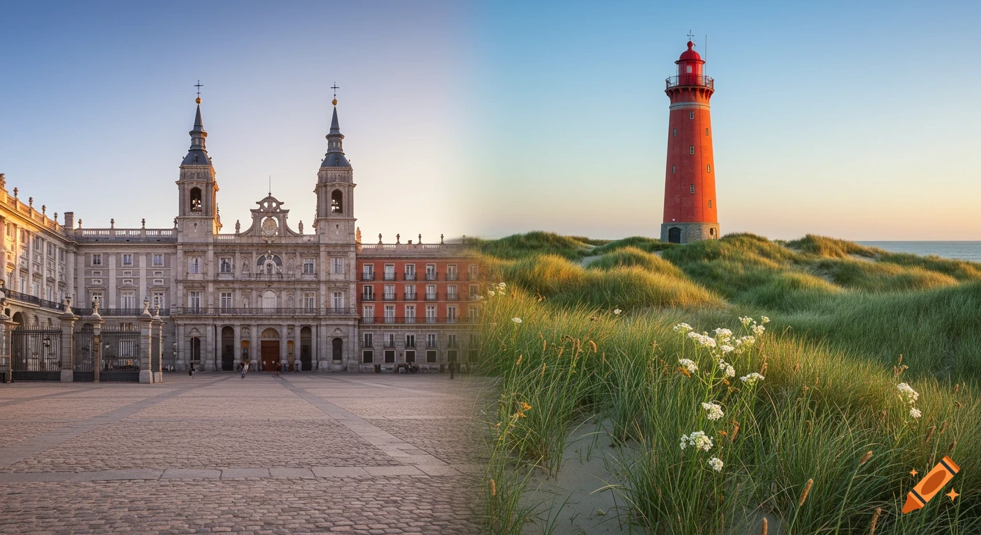A split image showing a grand palace in a city square on the left and a red lighthouse on grassy dunes by the sea on the right.